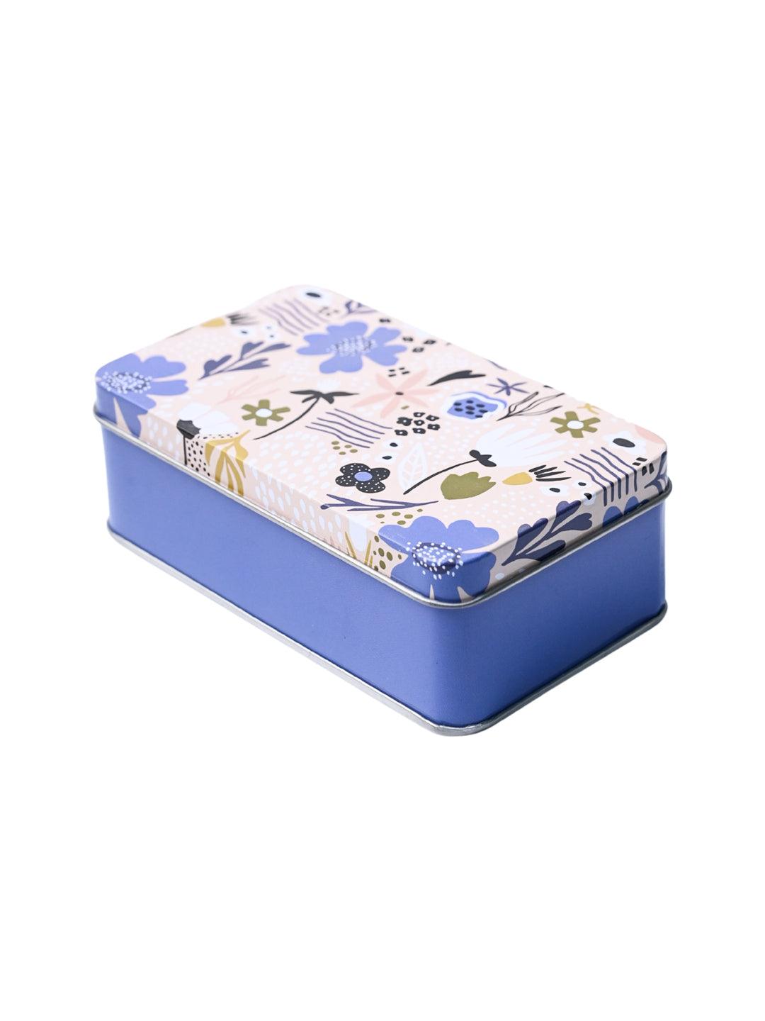 Floral Tin Storage Box - Set Of 3, Blue - MARKET99