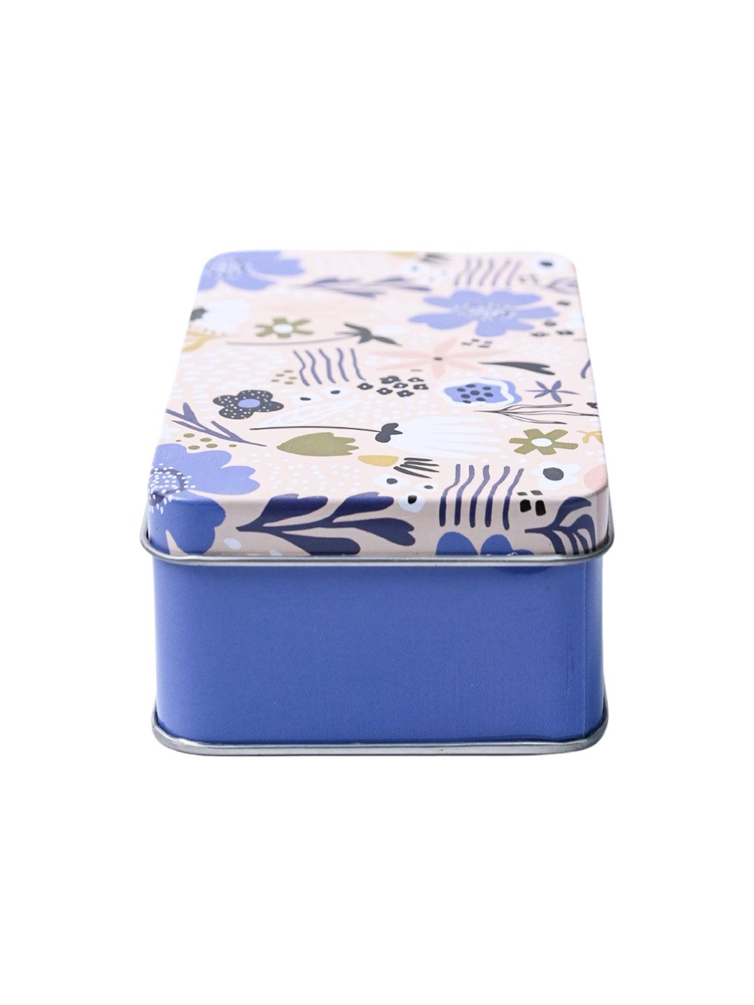 Floral Tin Storage Box - Set Of 3, Blue - MARKET99