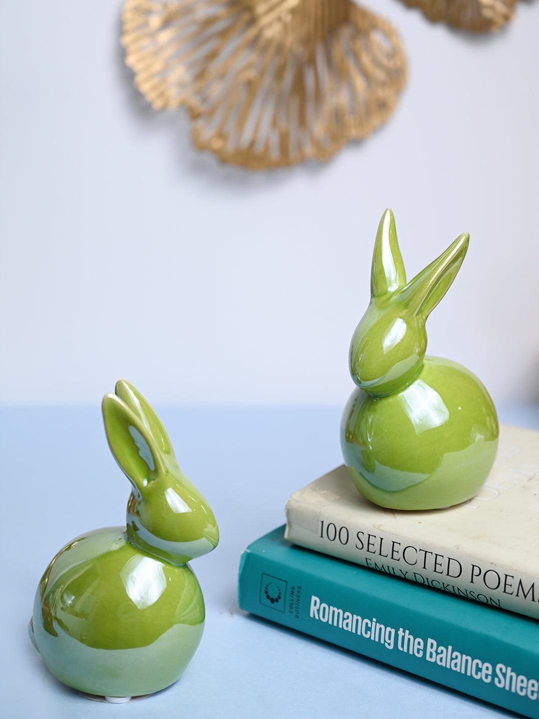 VON CASA Ceramic Decorative Rabbit - Green, Set Of 2 - MARKET99