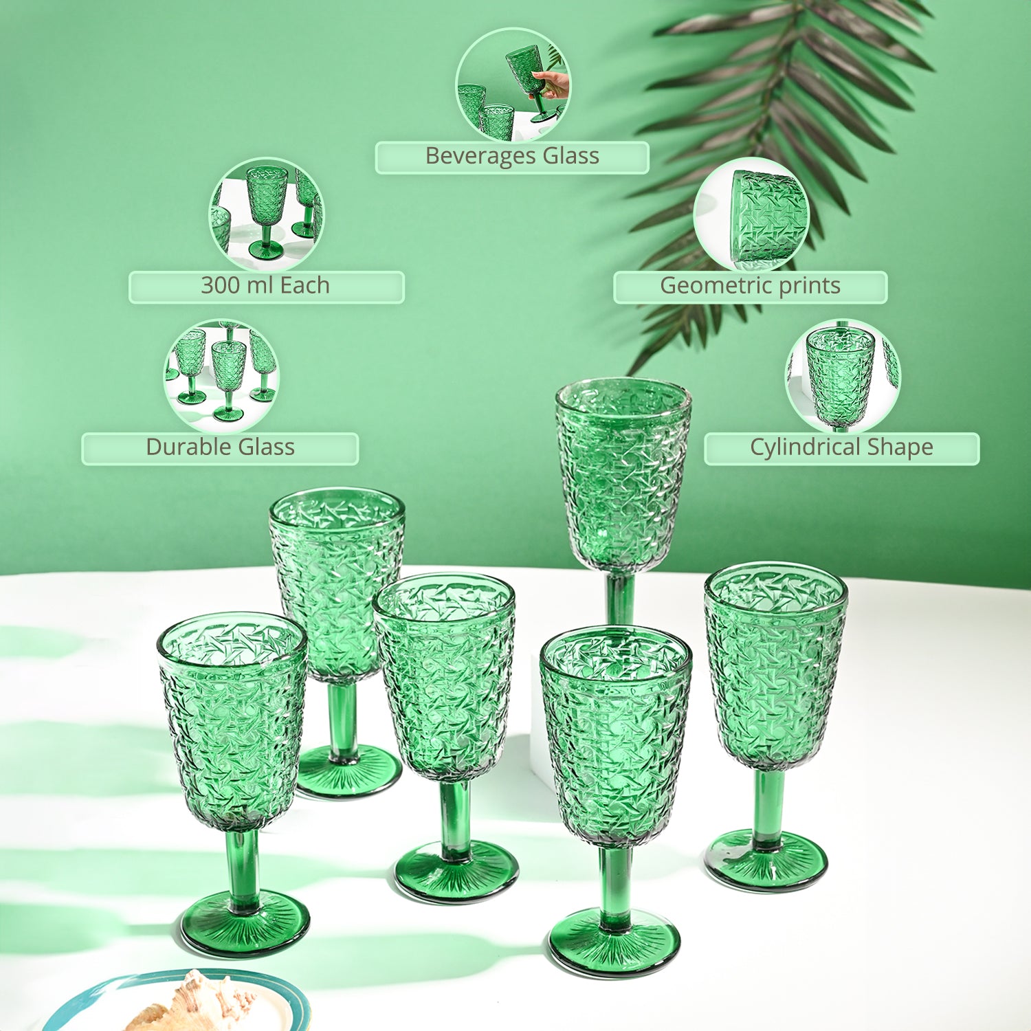 Market99 Green Stem Glass Set Of 6 -Each (300 Ml)
