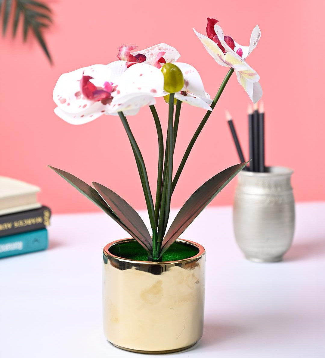Market99 White Artificial Orchid Flower With Golden Pot - MARKET99