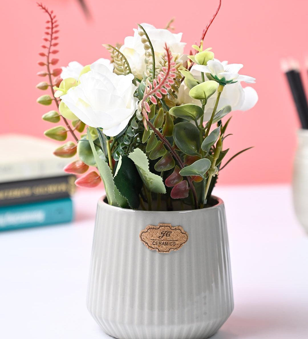 Market99 White Rose Flower With Grey Pot - MARKET99