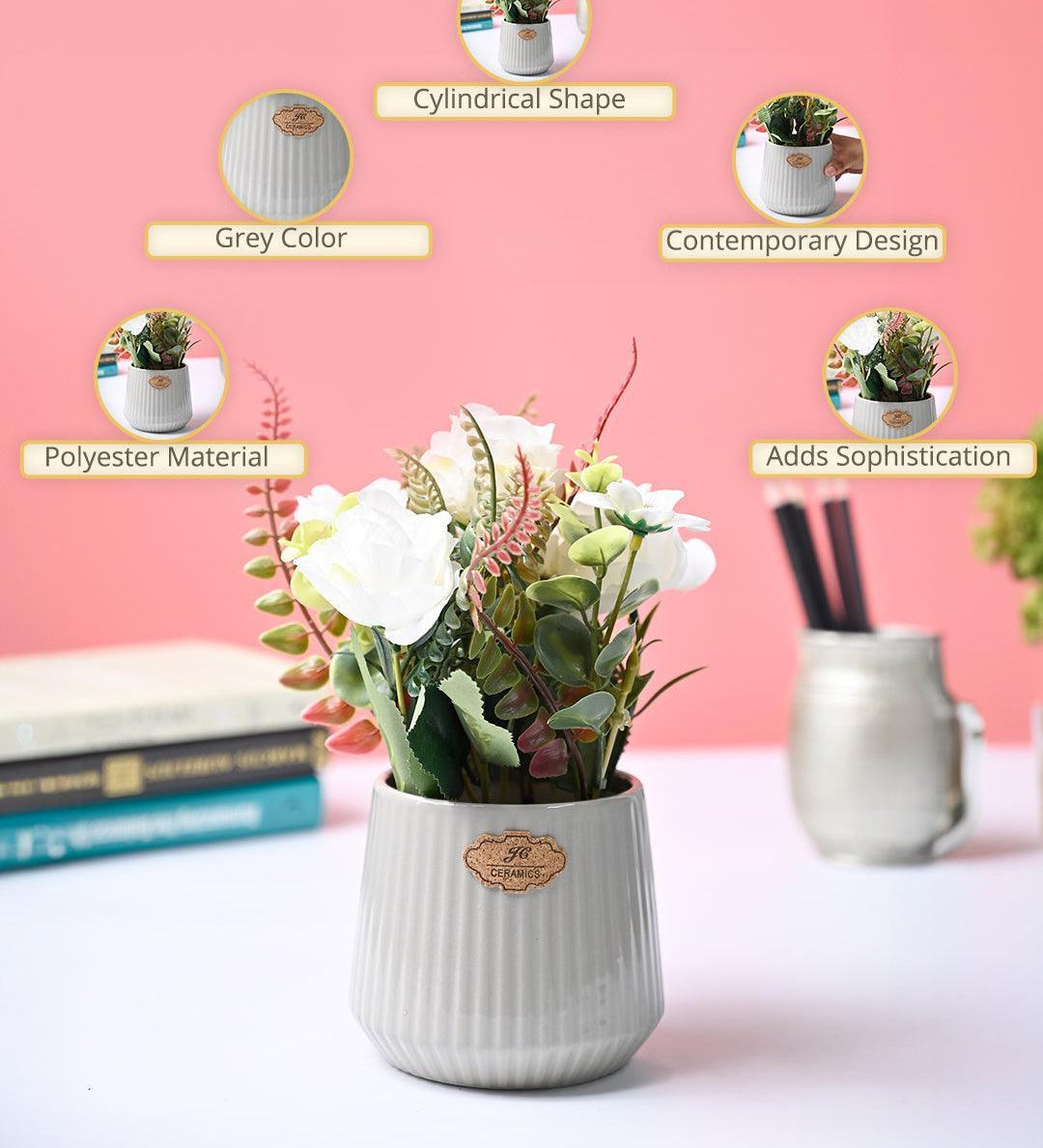 Market99 White Rose Flower With Grey Pot - MARKET99