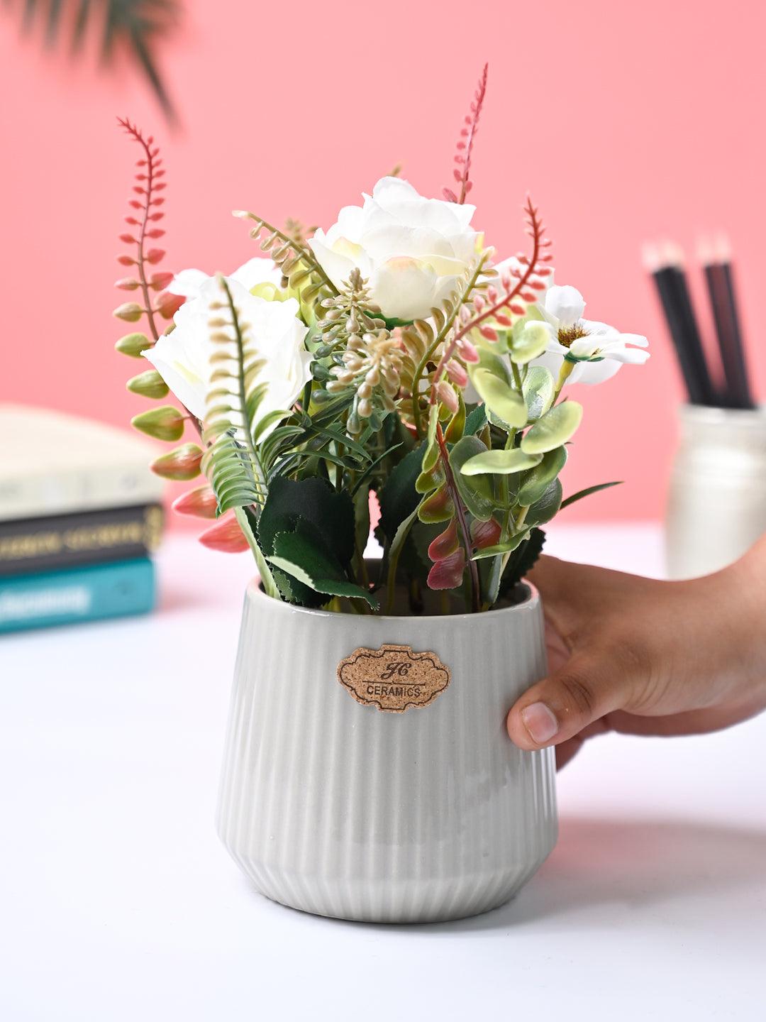 Market99 White Rose Flower With Grey Pot