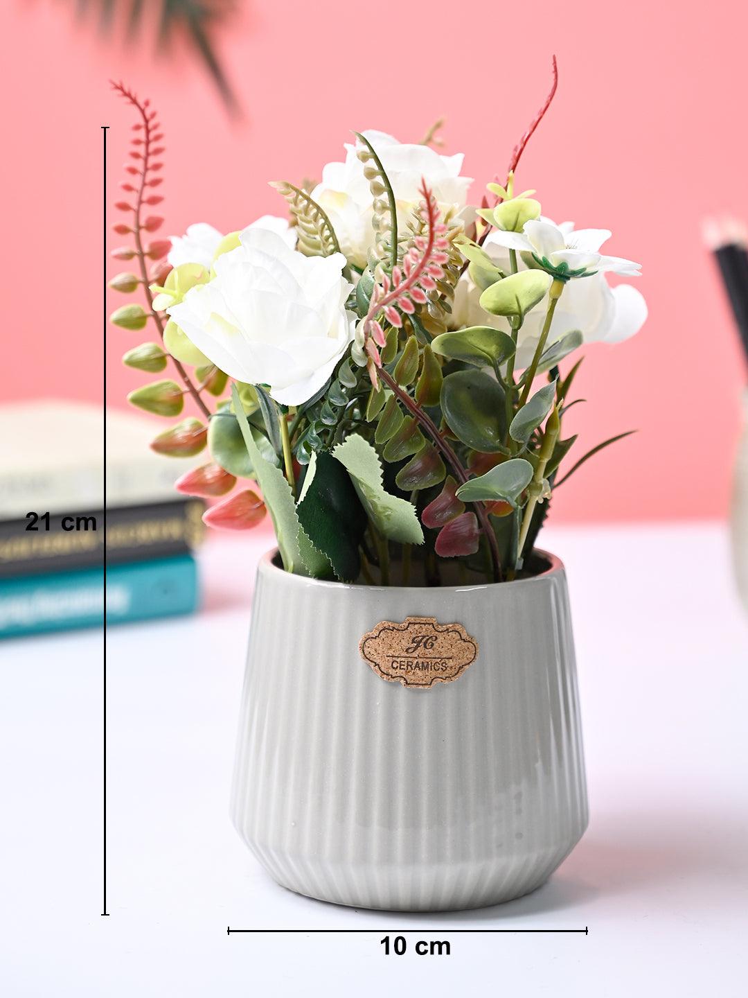 Market99 White Rose Flower With Grey Pot