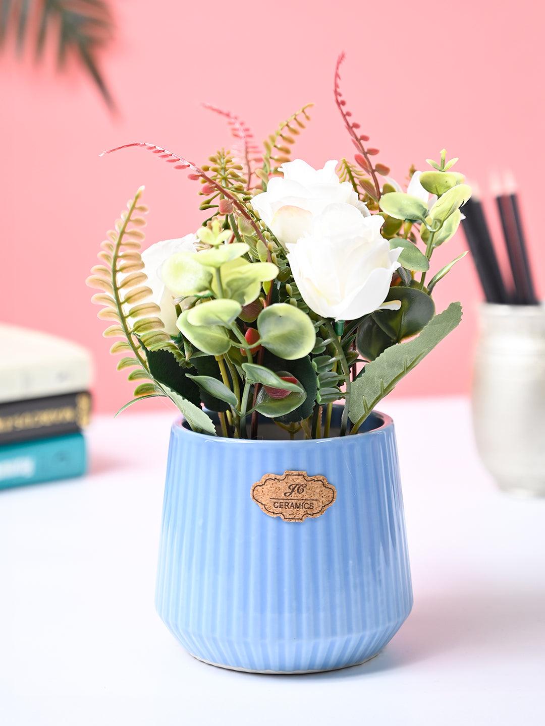 Market99 White Rose Flower With Blue Pot - MARKET99