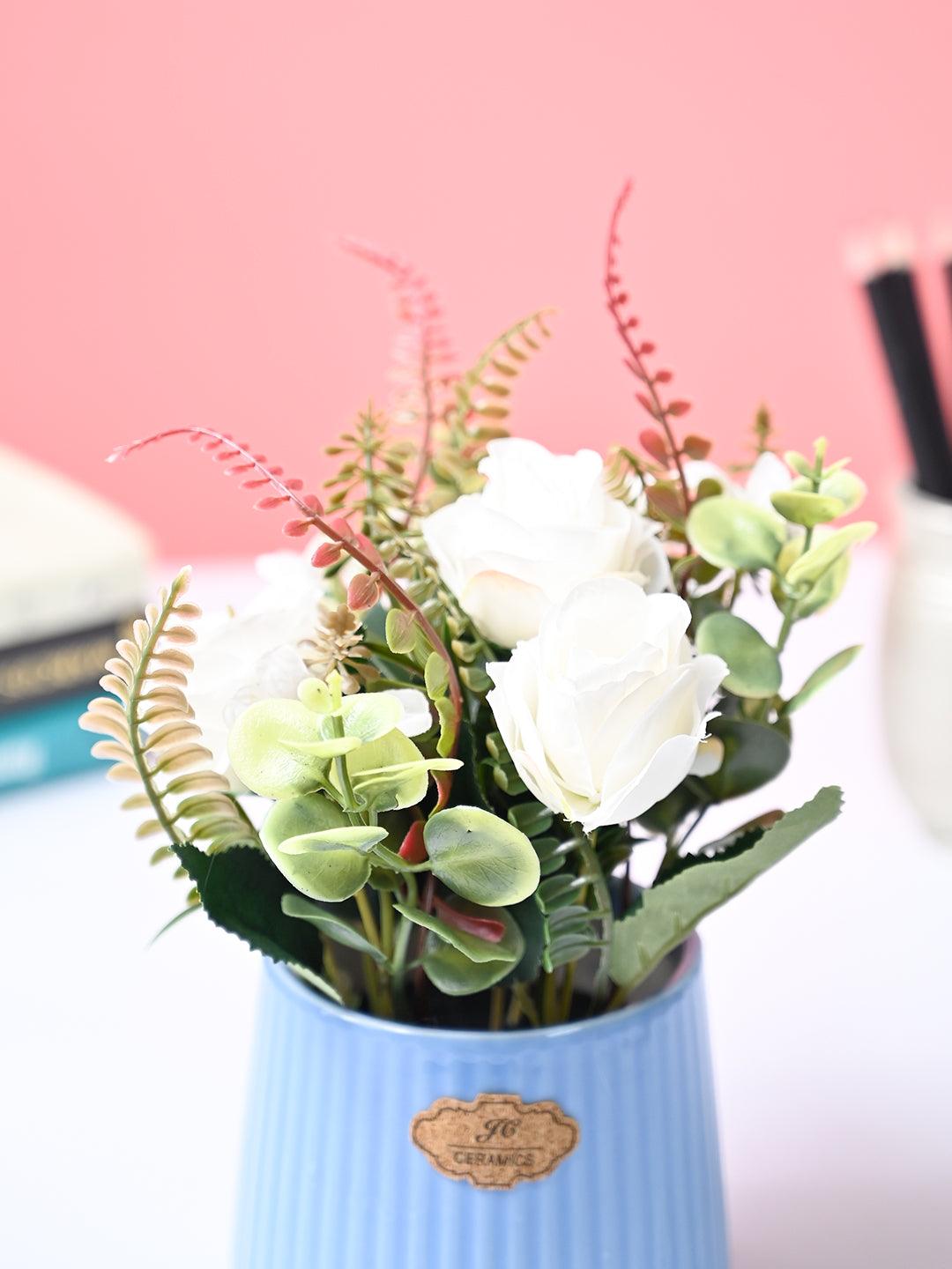 Market99 White Rose Flower With Blue Pot