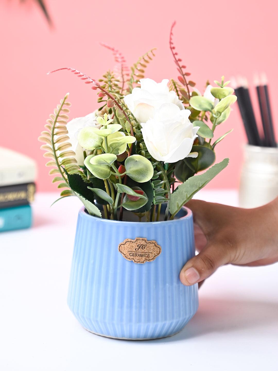 Market99 White Rose Flower With Blue Pot