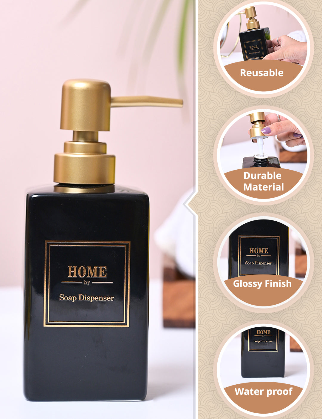 Black and Golden Square Soap Dispenser - MARKET99