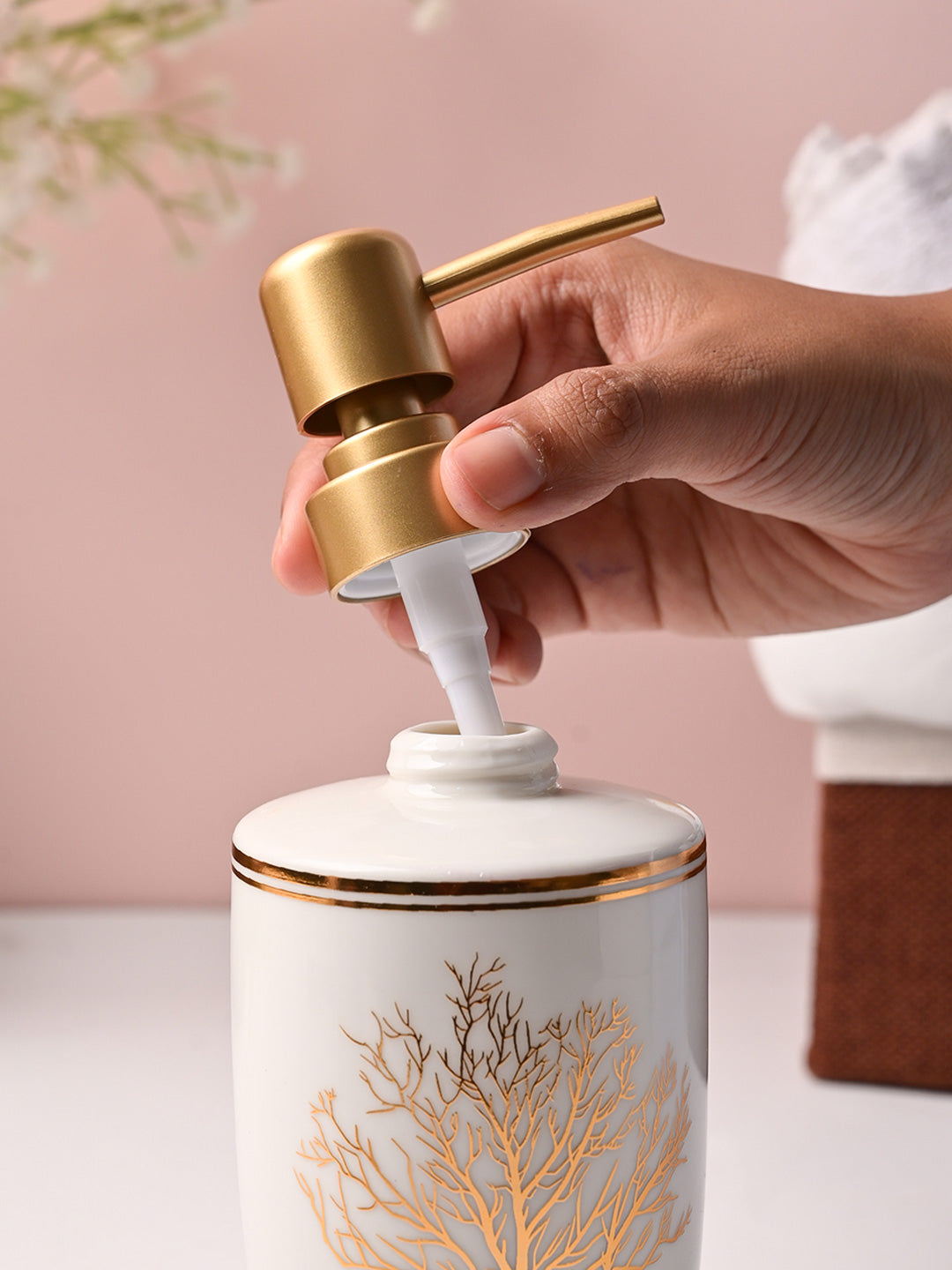 Nature Inspired White Ceramic Soap Dispenser