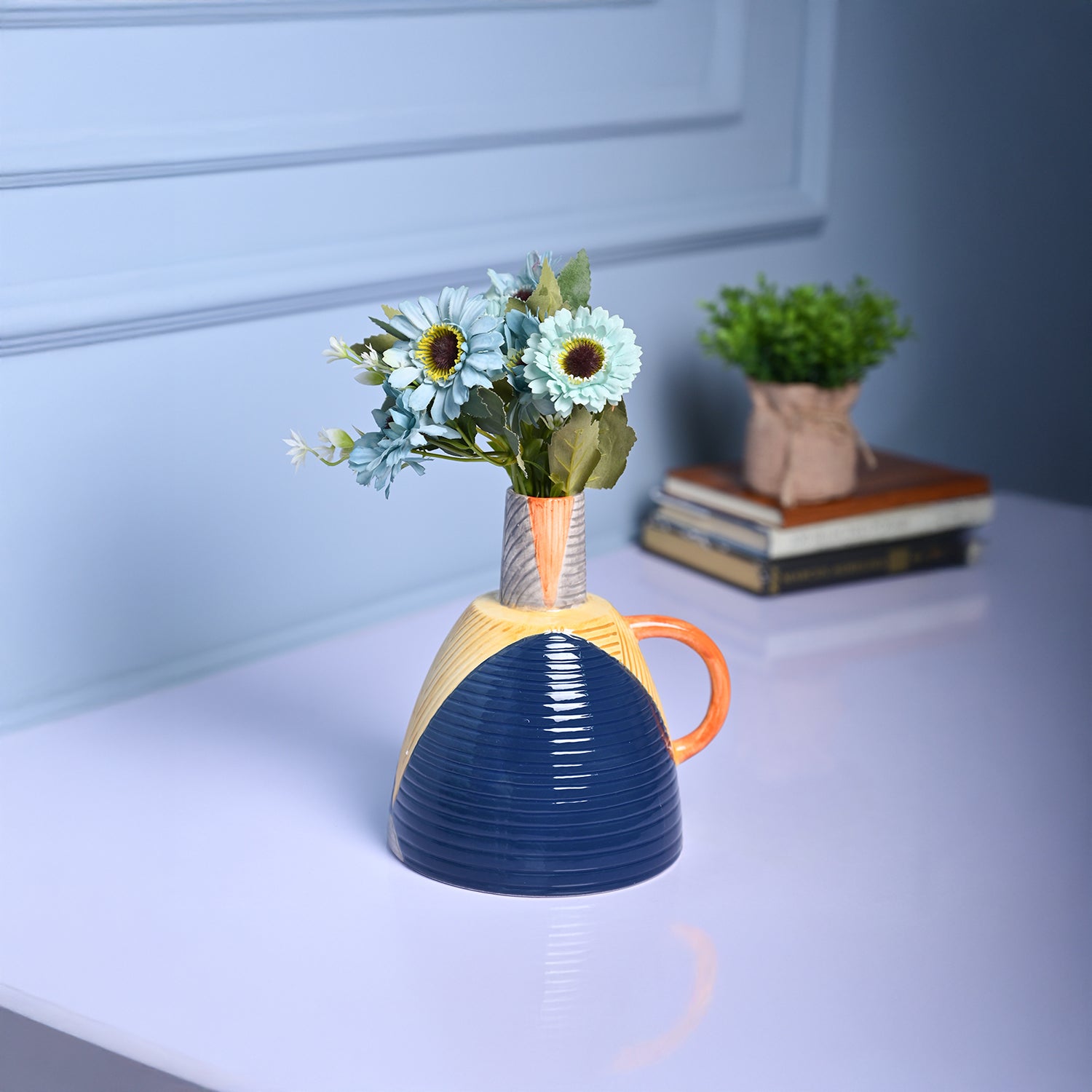 Asymmetrical Elegance - Blue & Yellow Vase