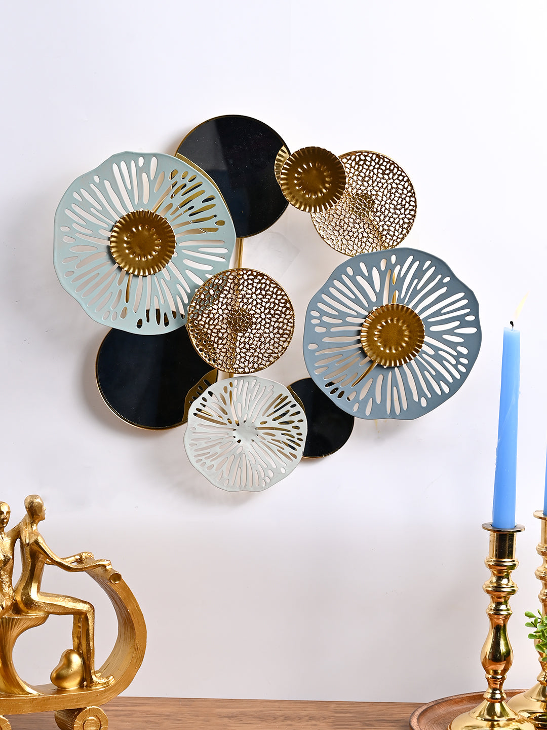 Golden and Blue Round Flower Wall Plaque