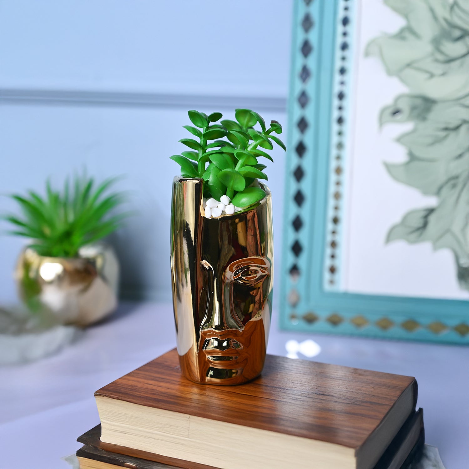 Golden Serenity - Face Design Artificial Plant with Pot