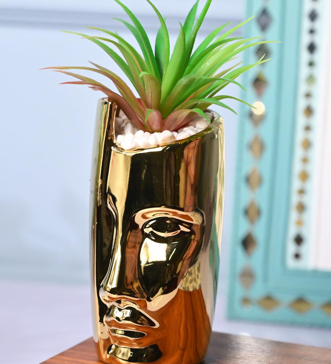 Tranquil Expression - Face Design Ceramic Pot with Artificial Plant - MARKET99