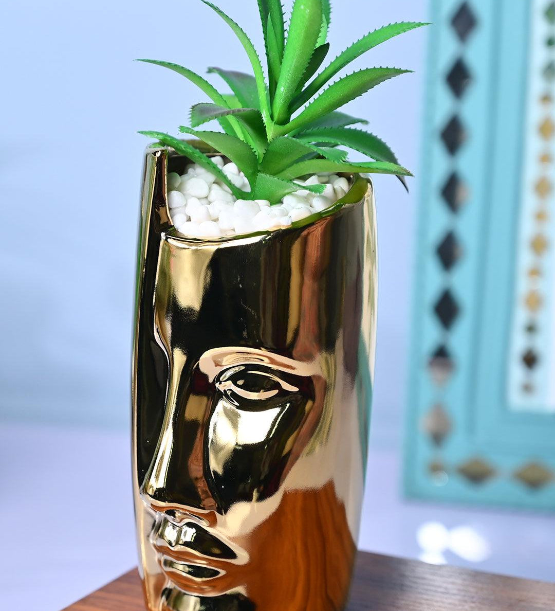Artistic Touch - Face Design Ceramic Pot with Faux Plant - MARKET99