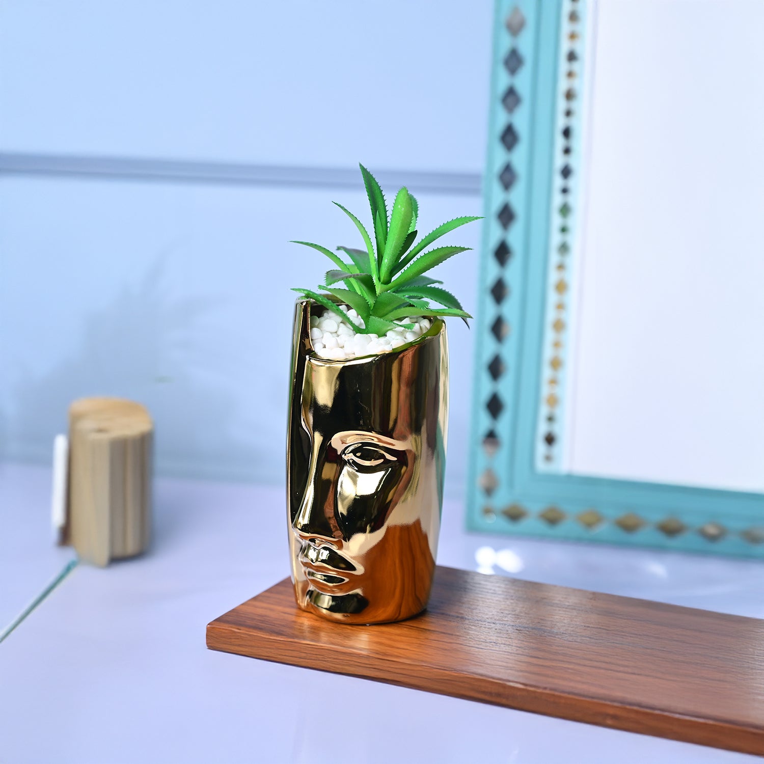 Artistic Touch - Face Design Ceramic Pot with Faux Plant
