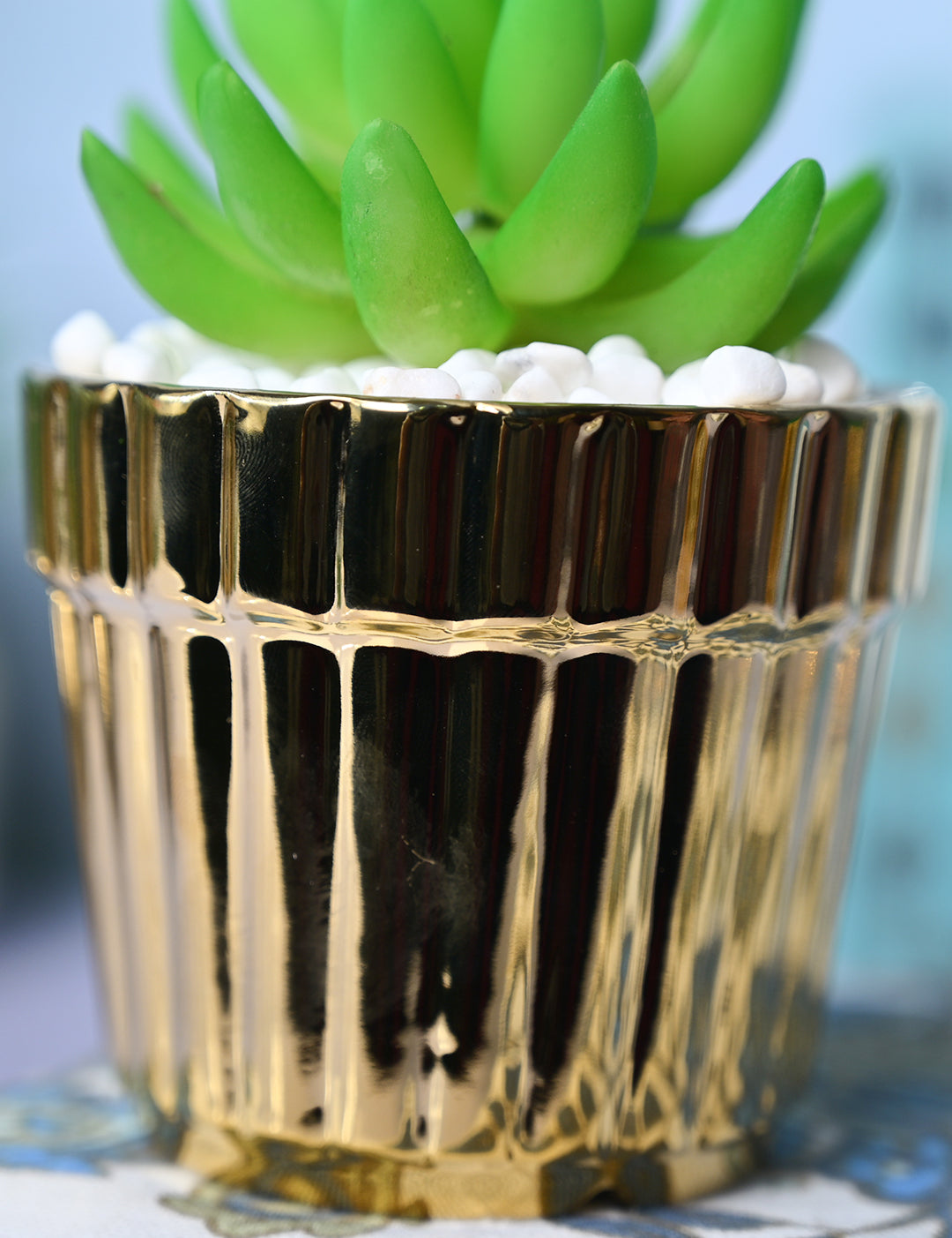 Modern Elegance - Striped Ceramic Pot with Artificial Plant - MARKET99