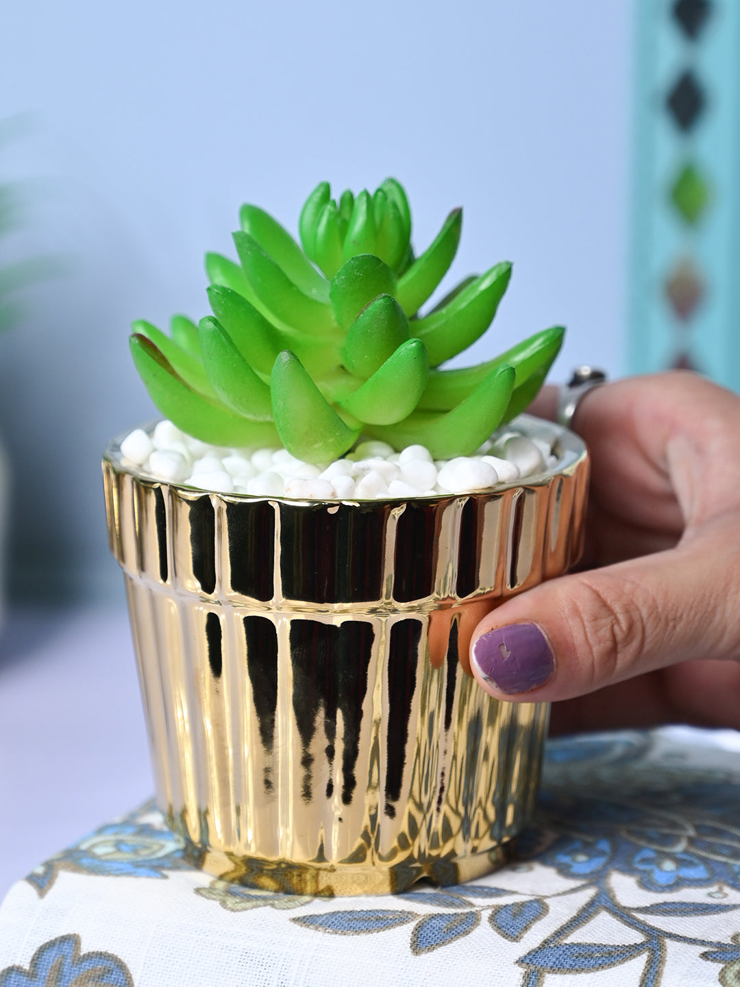 Modern Elegance - Striped Ceramic Pot with Artificial Plant - MARKET99