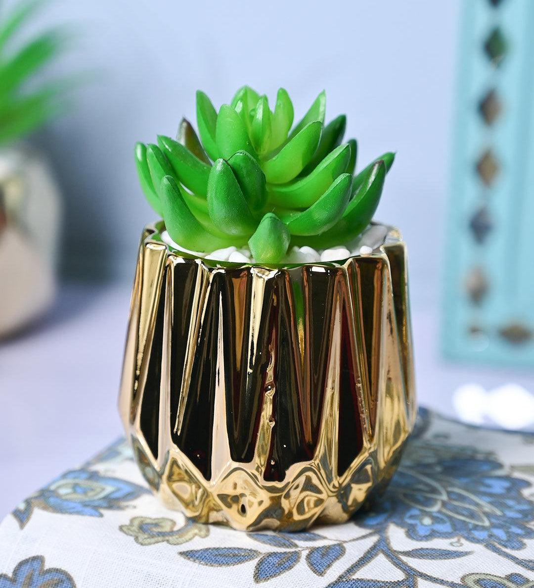Zigzag Beauty - Glossy Ceramic Pot with Artificial Plant - MARKET99