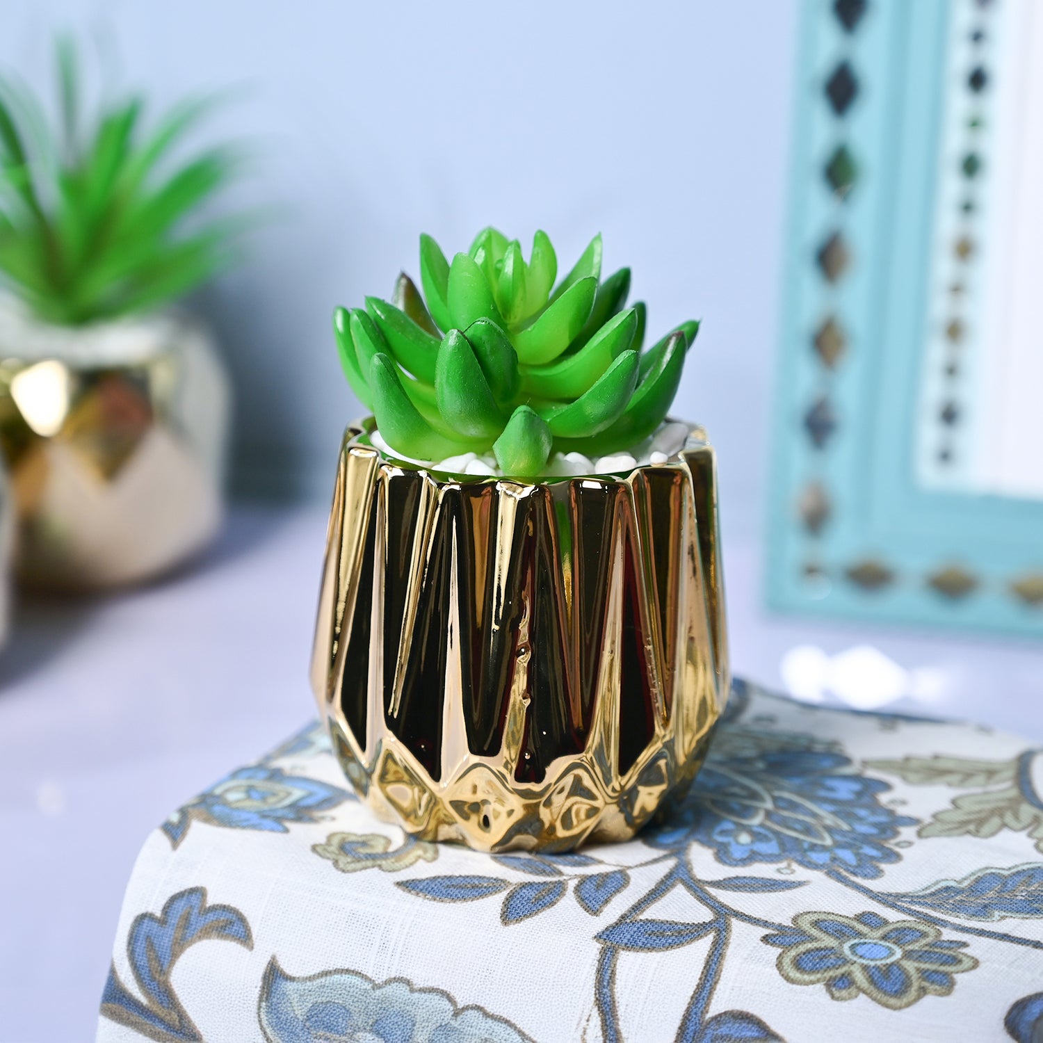 Zigzag Beauty - Glossy Ceramic Pot with Artificial Plant