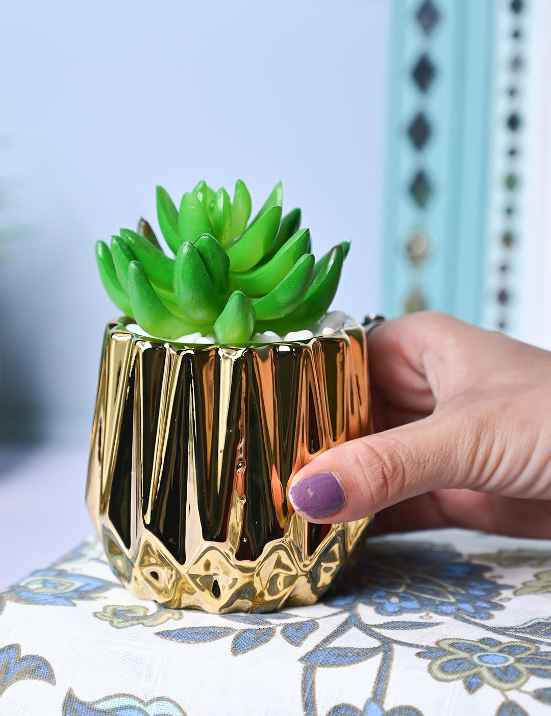 Zigzag Beauty - Glossy Ceramic Pot with Artificial Plant - MARKET99