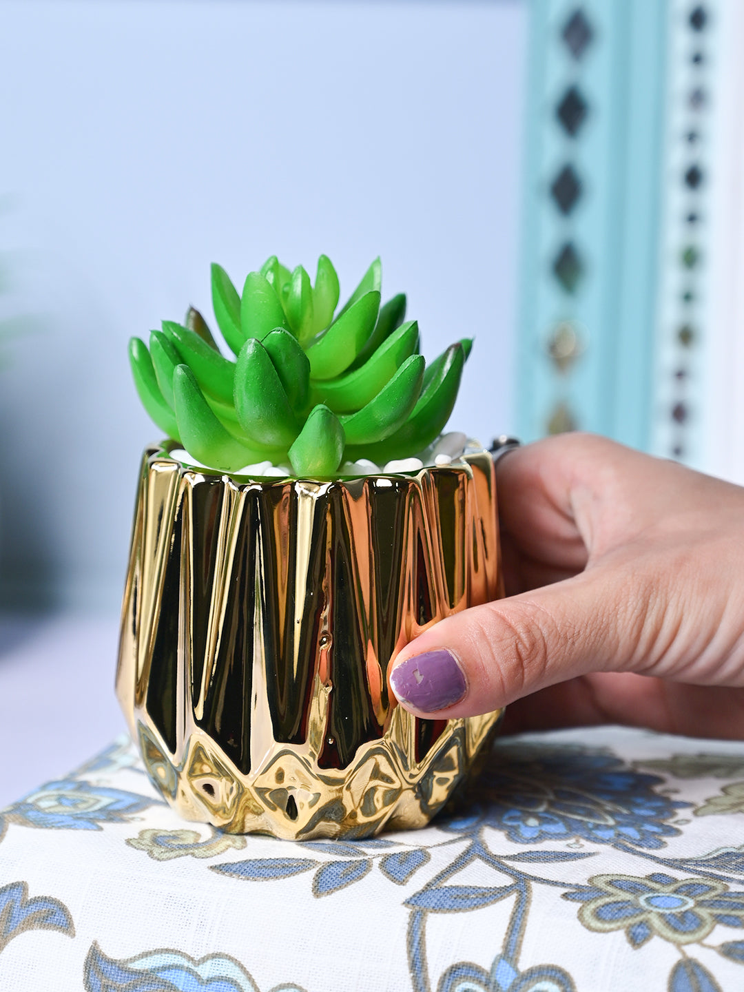 Zigzag Beauty - Glossy Ceramic Pot with Artificial Plant - MARKET99