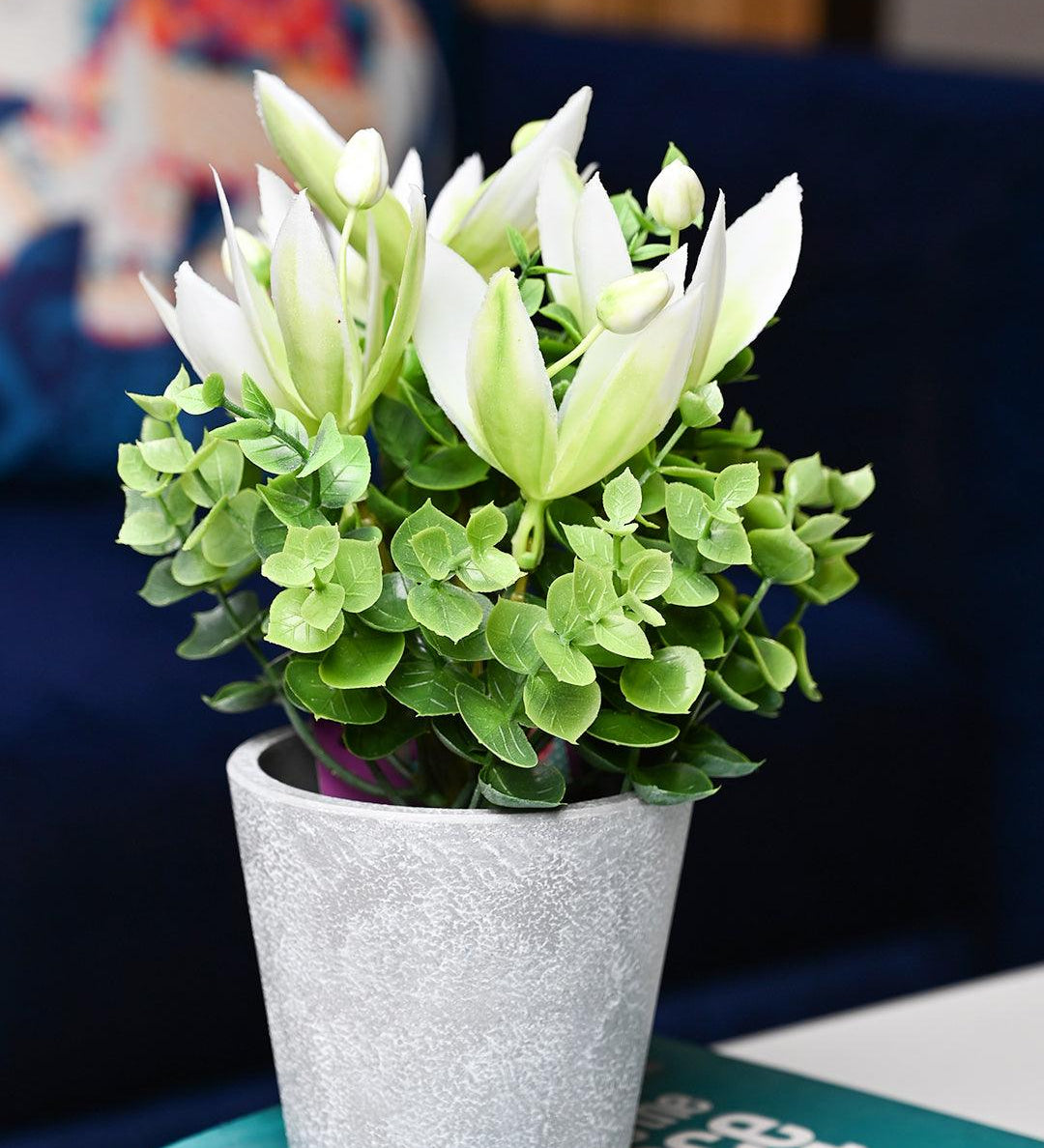 White & Green Artificial Flower with Pot - Cylindrical Shape - MARKET99
