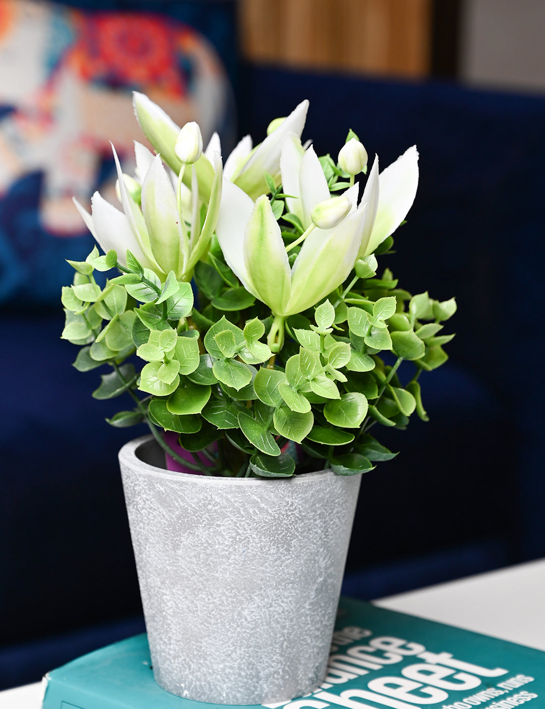 White & Green Artificial Flower with Pot - Cylindrical Shape - MARKET99