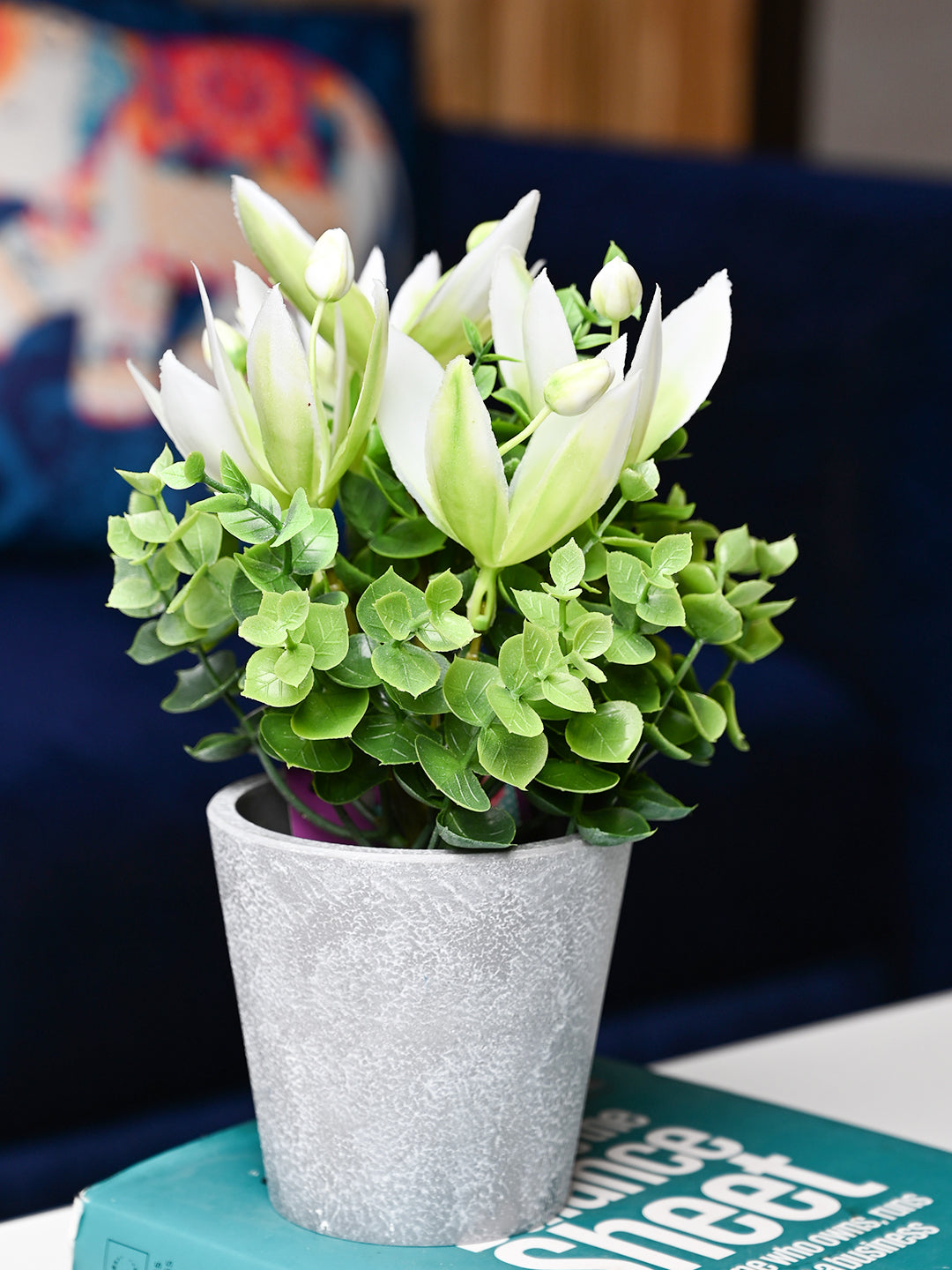 White & Green Artificial Flower with Pot - Cylindrical Shape - MARKET99