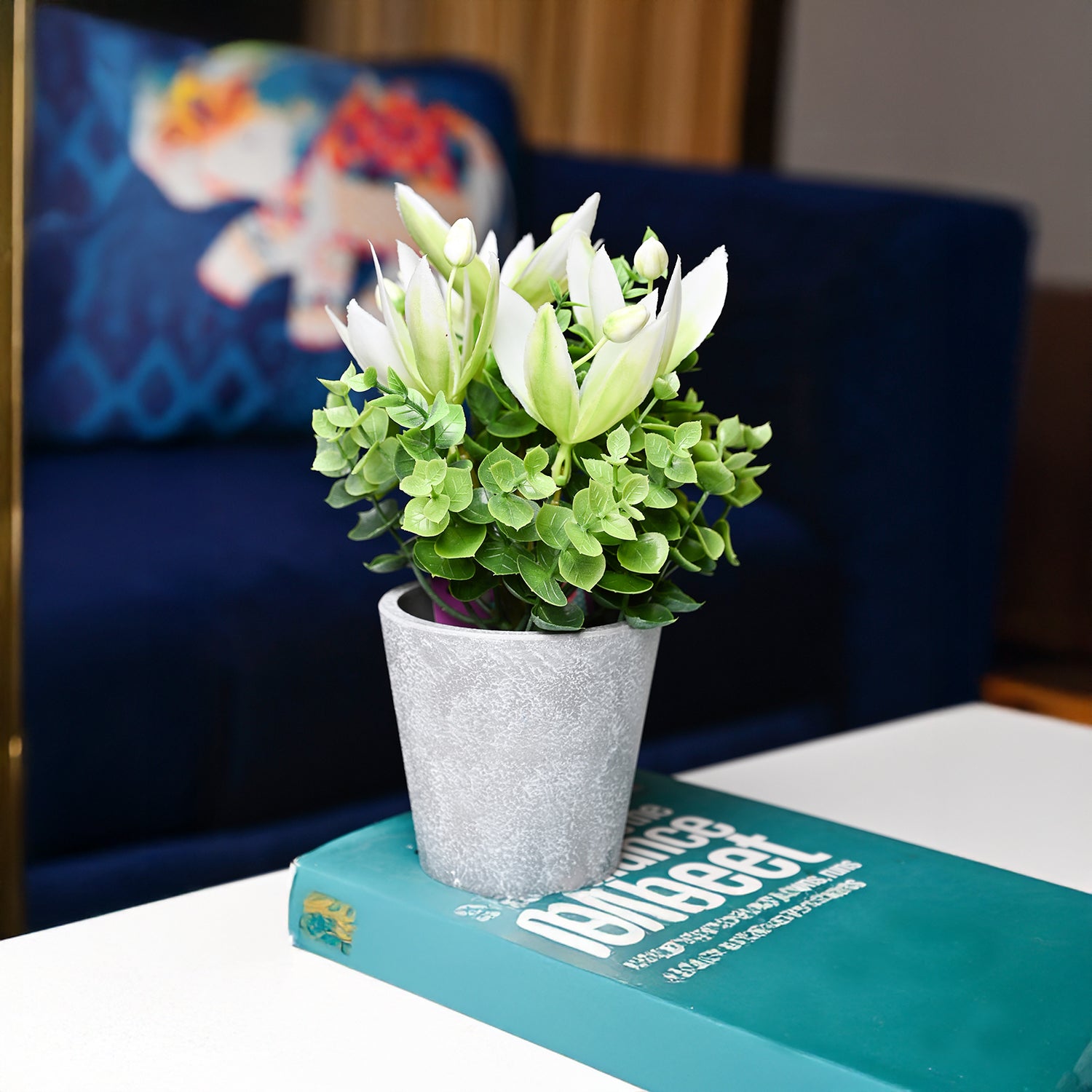 White & Green Artificial Flower with Pot - Cylindrical Shape