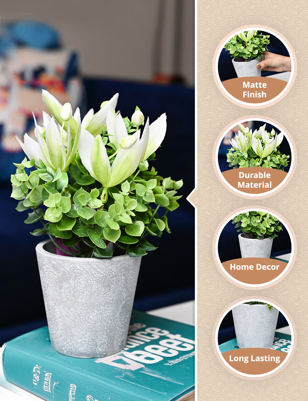 White & Green Artificial Flower with Pot - Cylindrical Shape - MARKET99