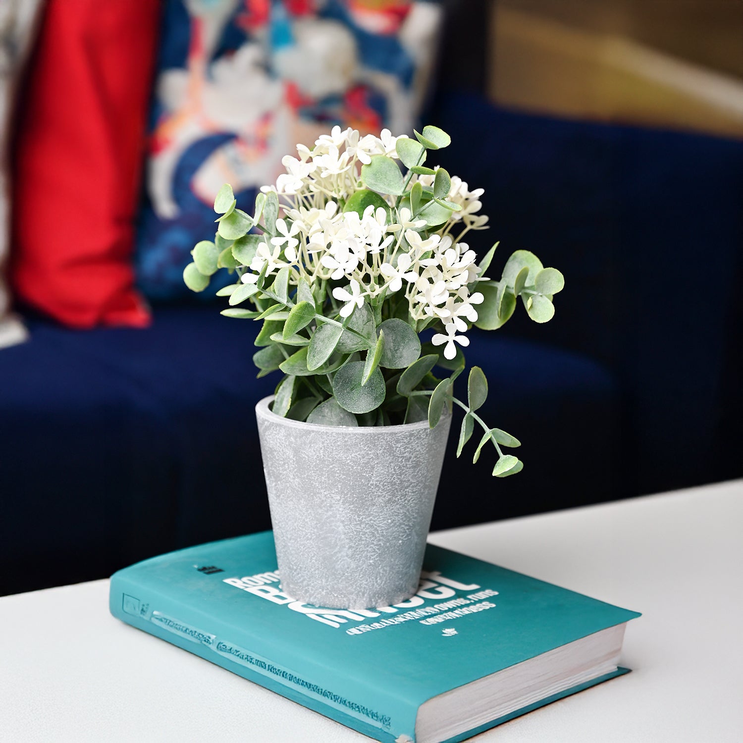 White & Green Artificial Flower with Pot - Cylindrical Shape