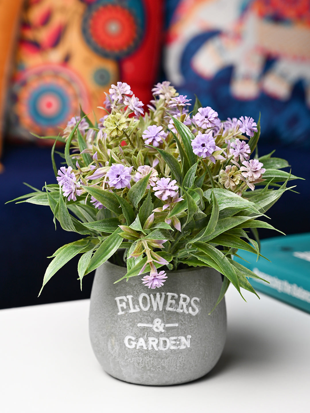 Lavender & Green Artificial Flower with Pot - Cylindrical Shape with "Flowers & Garden" Print