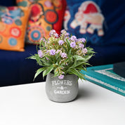 Lavender & Green Artificial Flower with Pot - Cylindrical Shape with "Flowers & Garden" Print