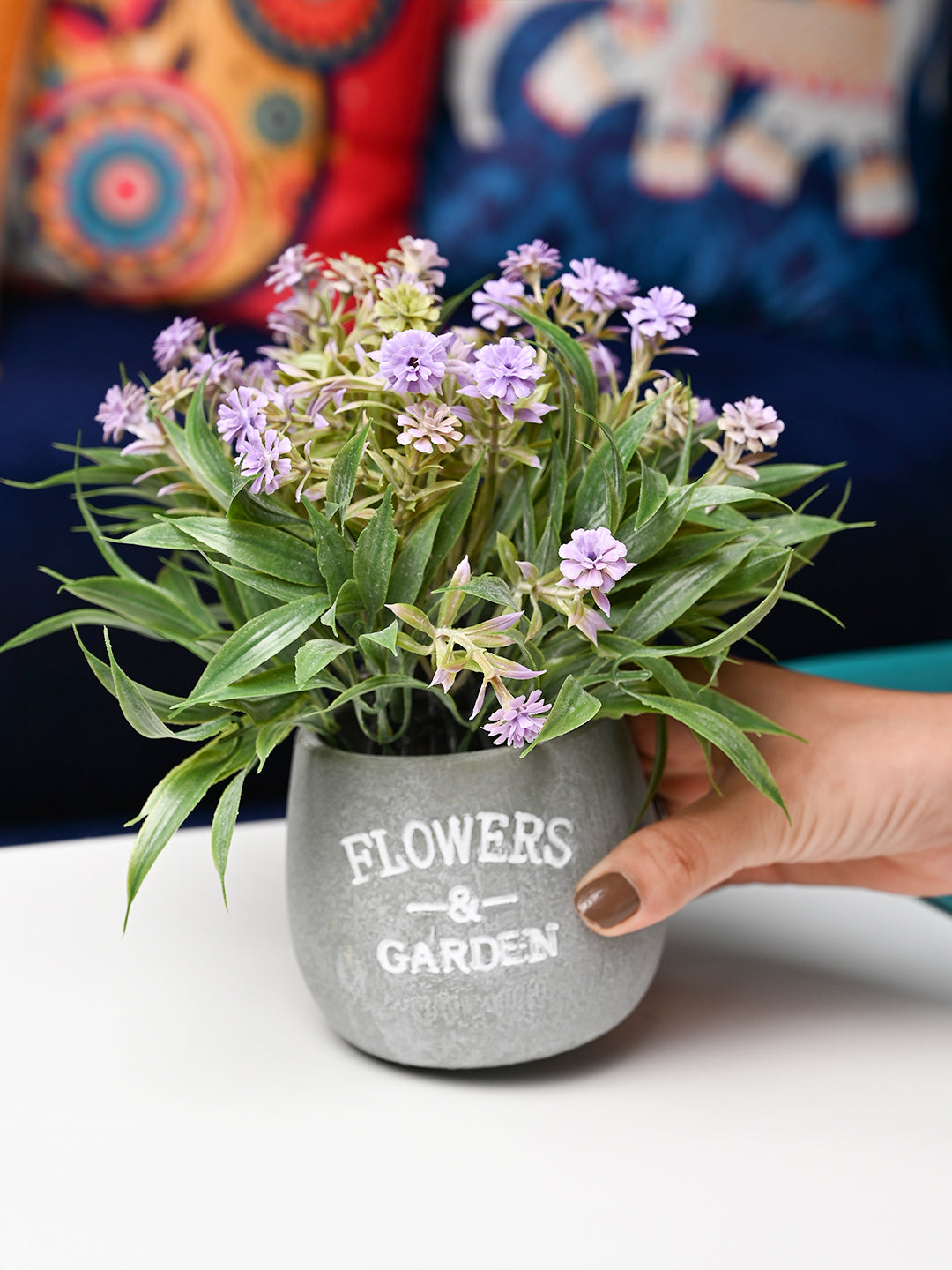 Lavender & Green Artificial Flower with Pot - Cylindrical Shape with "Flowers & Garden" Print