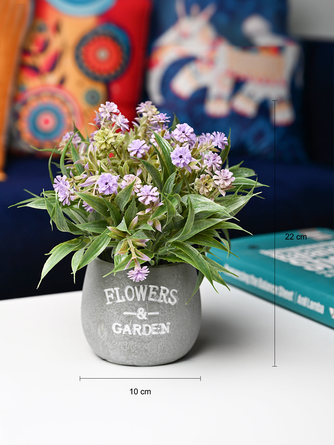 Lavender & Green Artificial Flower with Pot - Cylindrical Shape with "Flowers & Garden" Print