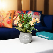 Yellow & Green Artificial Flower with Pot - Cylindrical Shape with "Flowers & Garden" Print