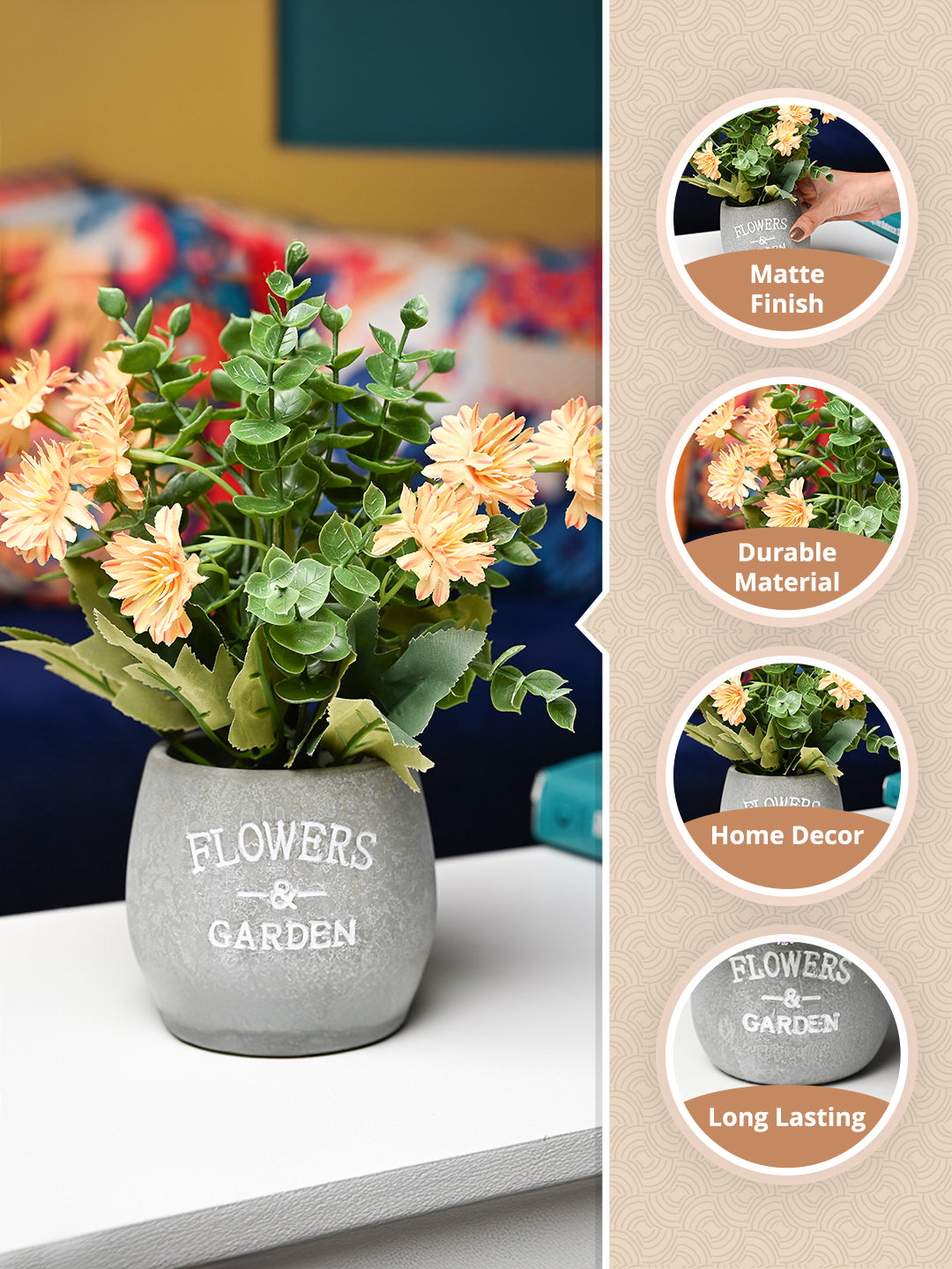 Yellow & Green Artificial Flower with Pot - Cylindrical Shape with "Flowers & Garden" Print