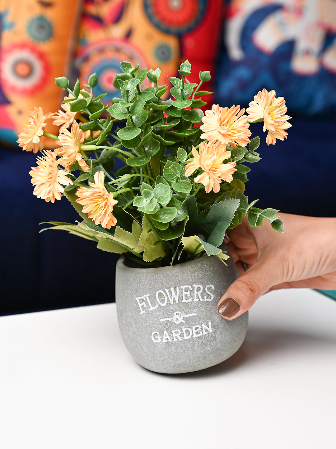 Yellow & Green Artificial Flower with Pot - Cylindrical Shape with "Flowers & Garden" Print