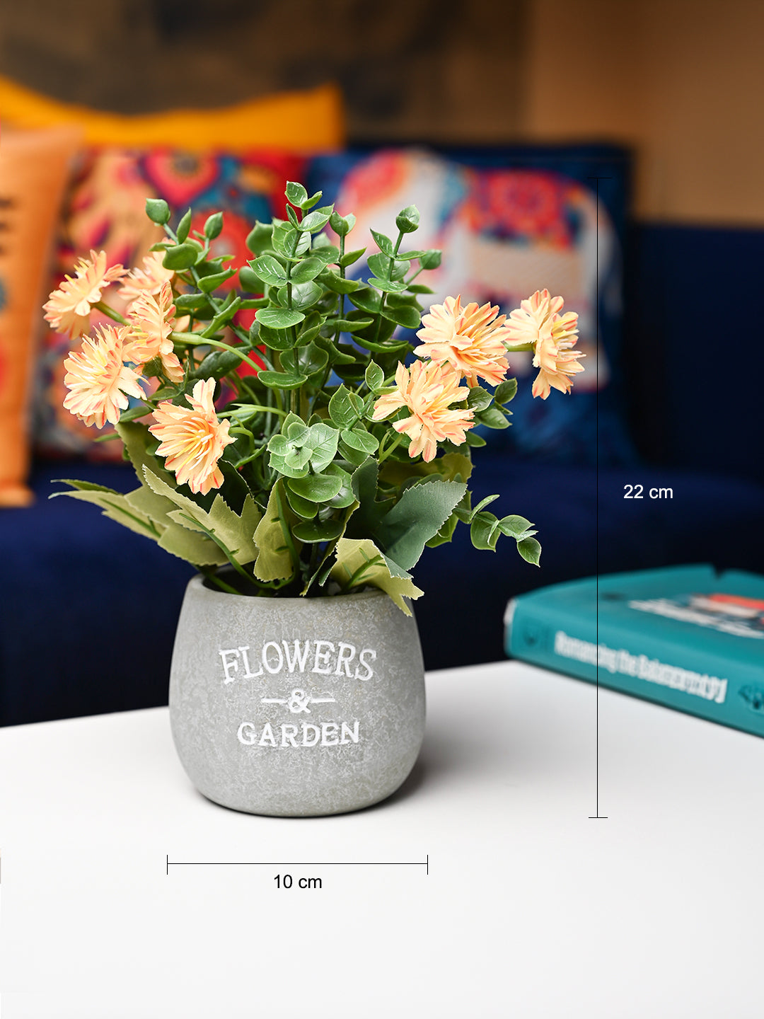 Yellow & Green Artificial Flower with Pot - Cylindrical Shape with "Flowers & Garden" Print