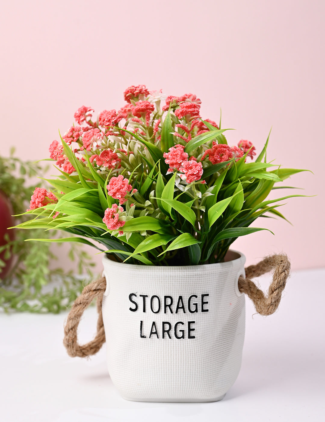 Pink & Green Artificial Flower with Pot - Cylindrical Shape - MARKET99