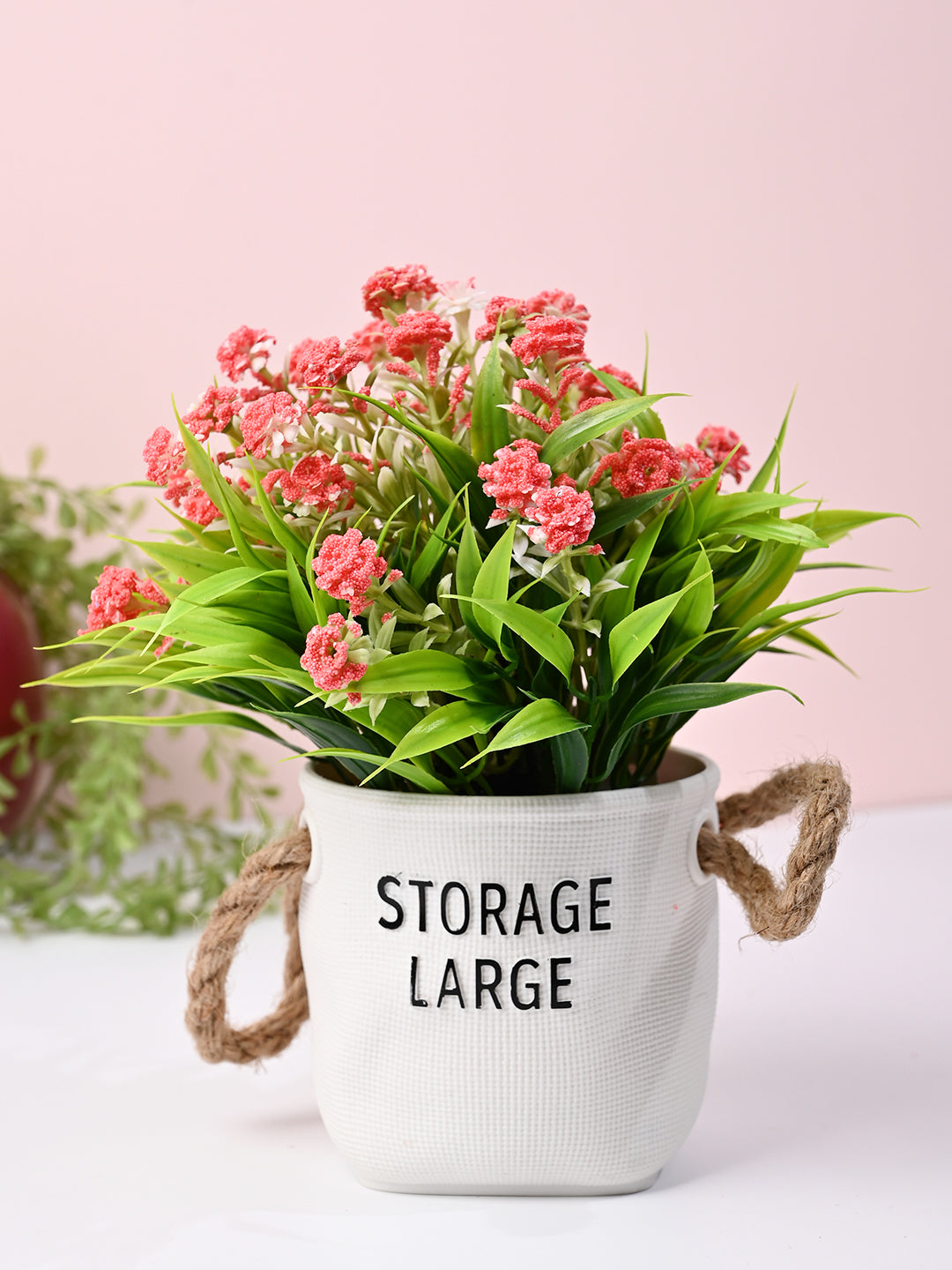 Pink & Green Artificial Flower with Pot - Cylindrical Shape - MARKET99