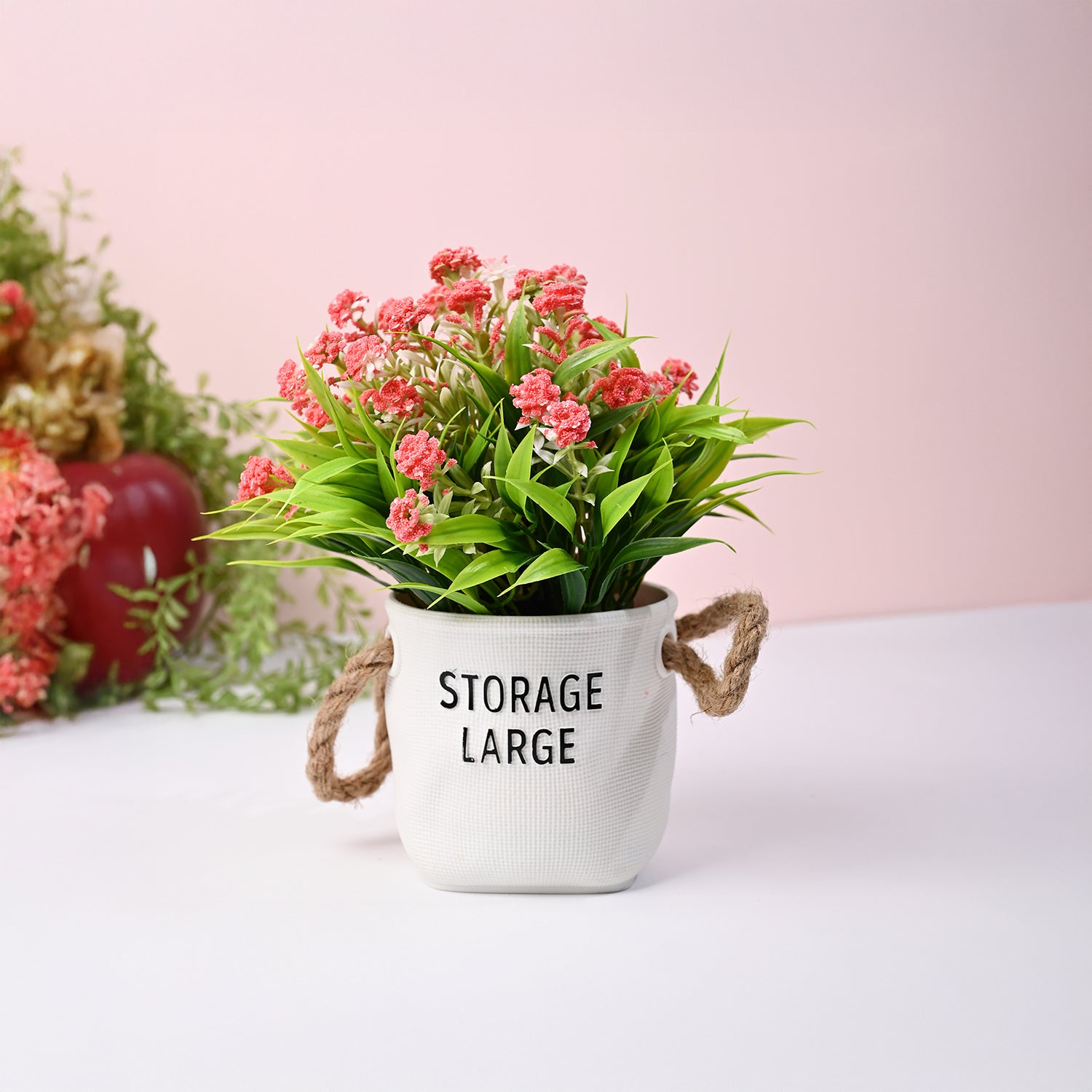 Pink & Green Artificial Flower with Pot - Cylindrical Shape