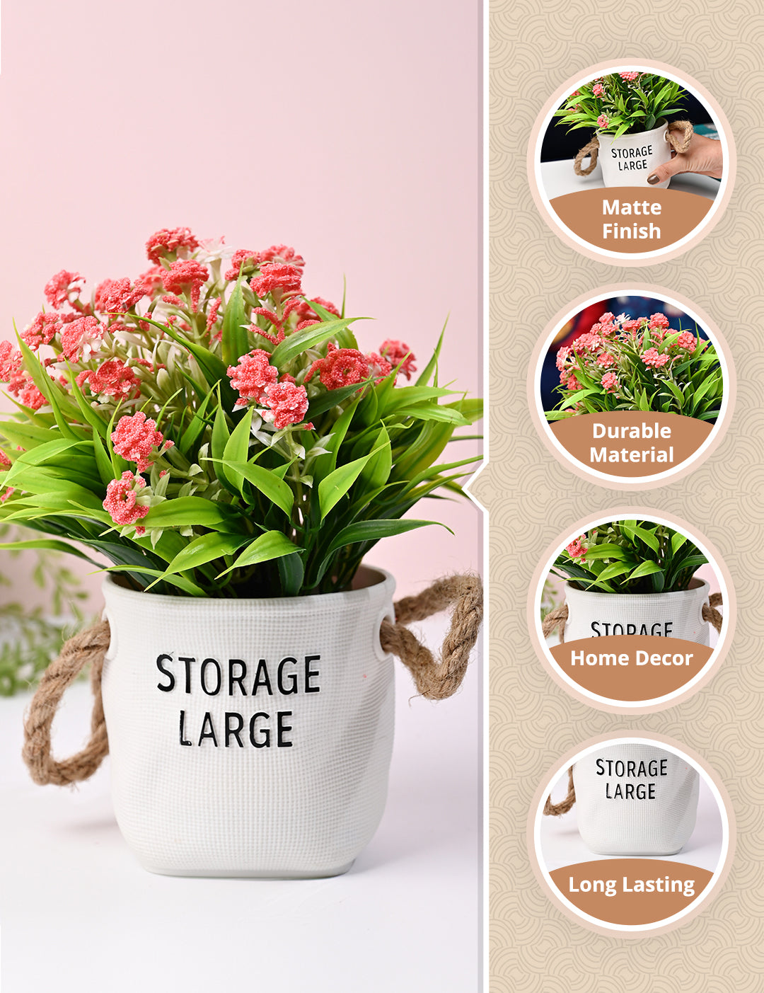 Pink & Green Artificial Flower with Pot - Cylindrical Shape - MARKET99