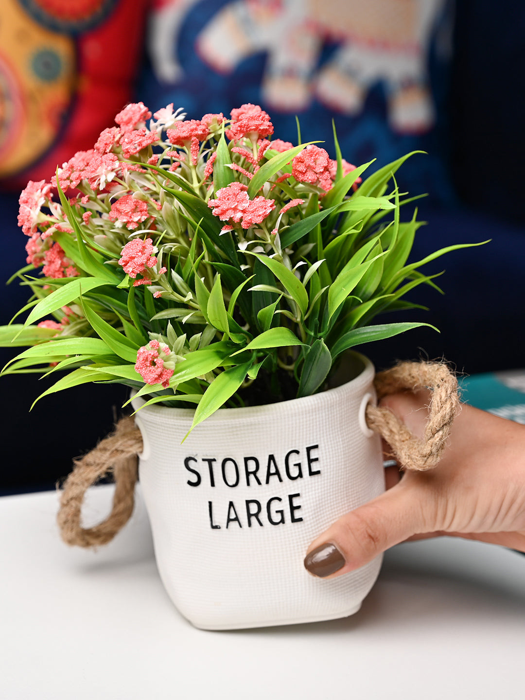 Pink & Green Artificial Flower with Pot - Cylindrical Shape - MARKET99