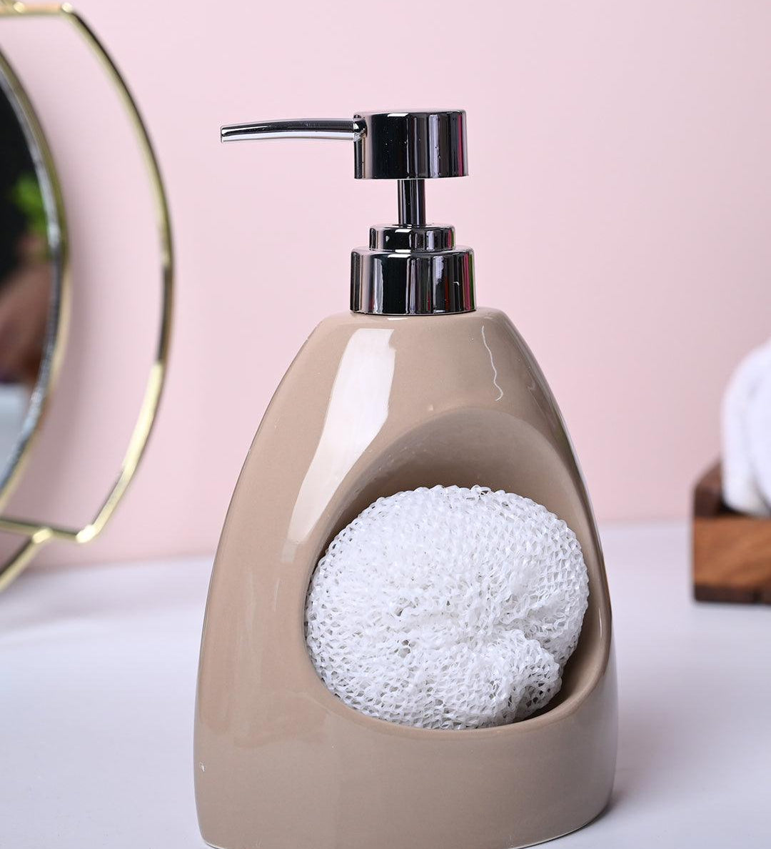 Rustic Brown Kitchen Dispenser With Scrubber - Cylindrical Shape - MARKET99