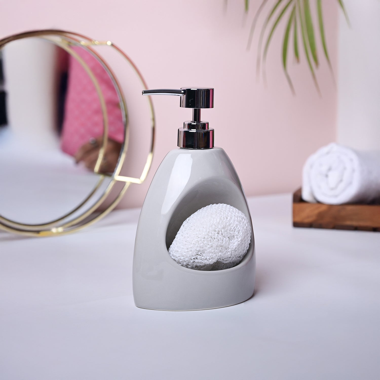 Sophisticated Grey Kitchen Dispenser With Scrubber - Cylindrical Shape