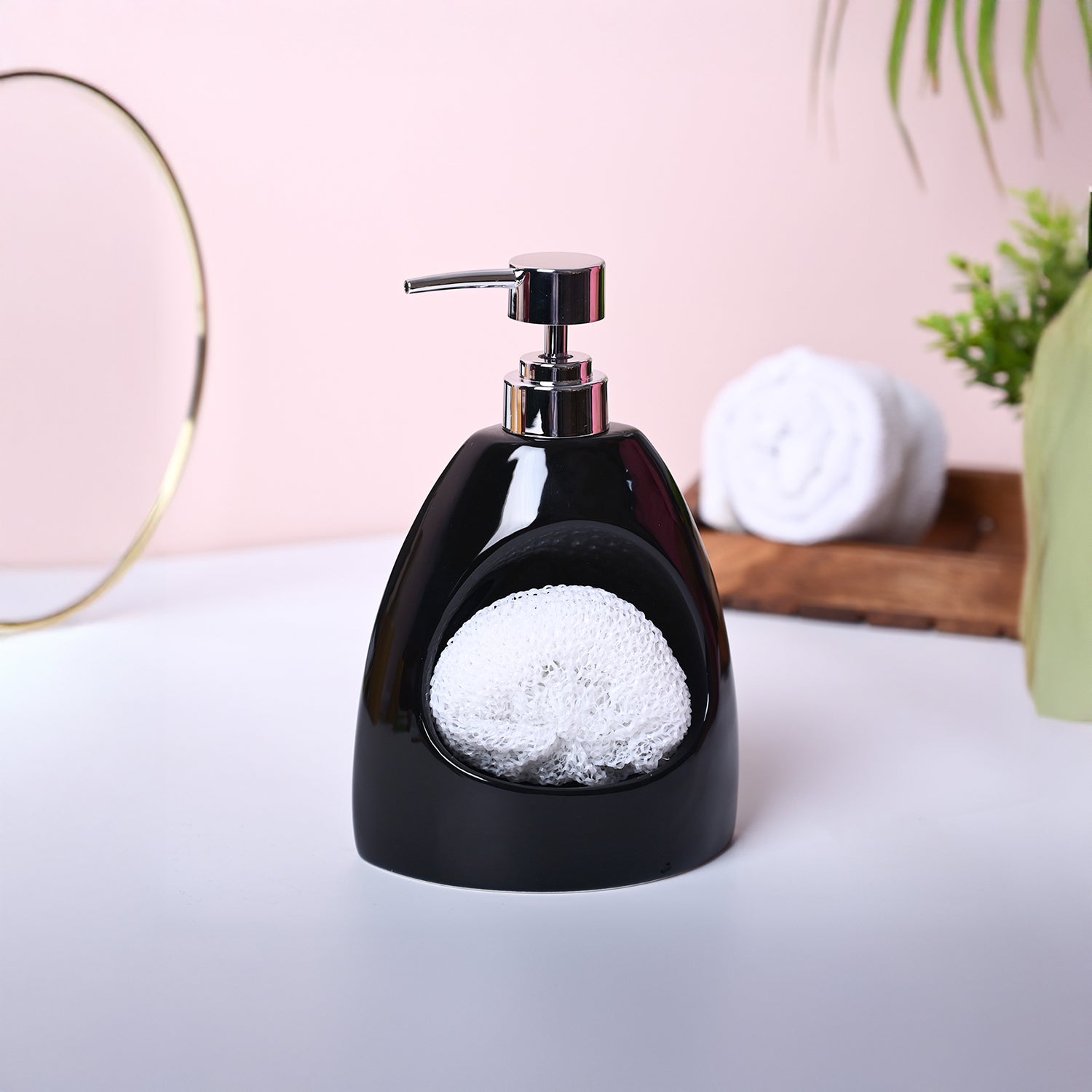 Modern Black Kitchen Dispenser With Scrubber - Cylindrical Shape