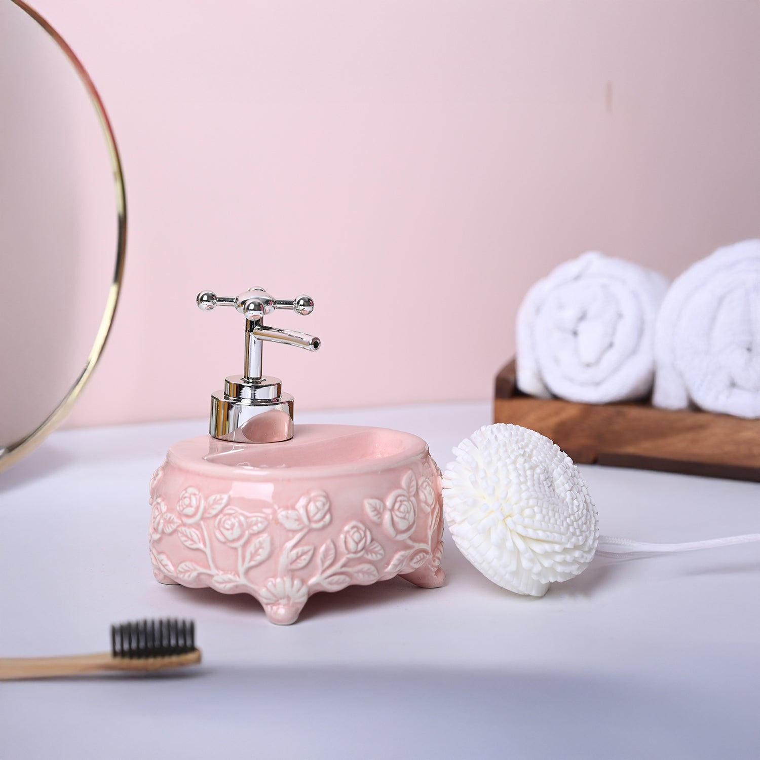 Soft Pink Kitchen Dispenser Set with Scrubber - Oval Shape