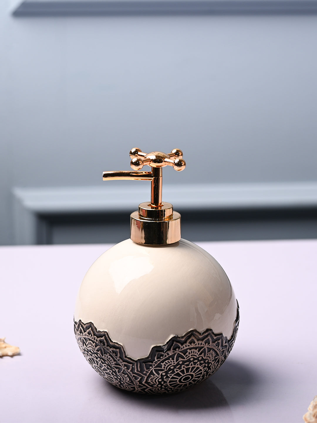 Ceramic White Round Soap Dispenser - Embossed Glossy Finish